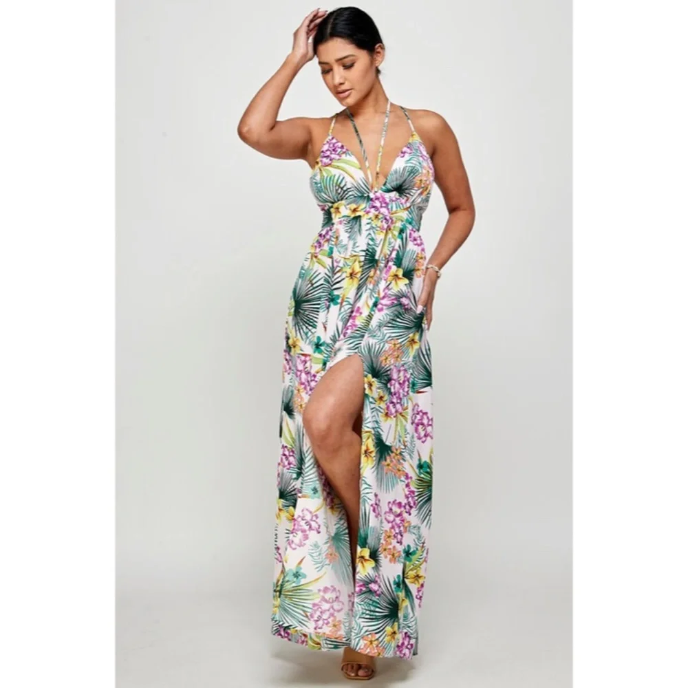 Purple Tropical Floral Palm Vacation Cruise Summer Sexy Slit Maxi Halter Dress - Picture 3 of 5